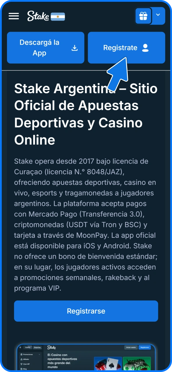 Ingresa directamente al panel de apuestas deportivas en Stake oficial.